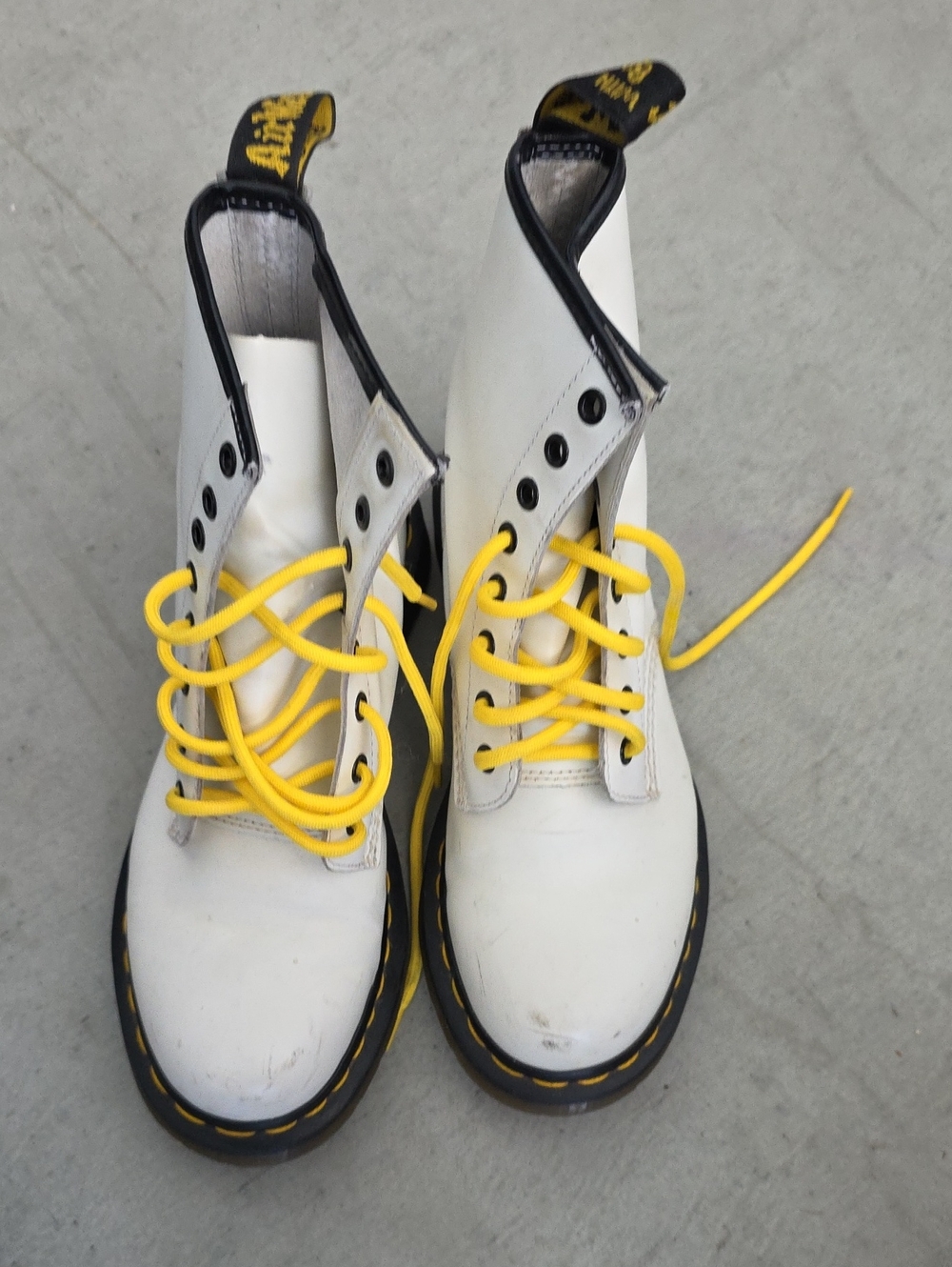 Dr. Martens White Leather Boots with Yellow Laces